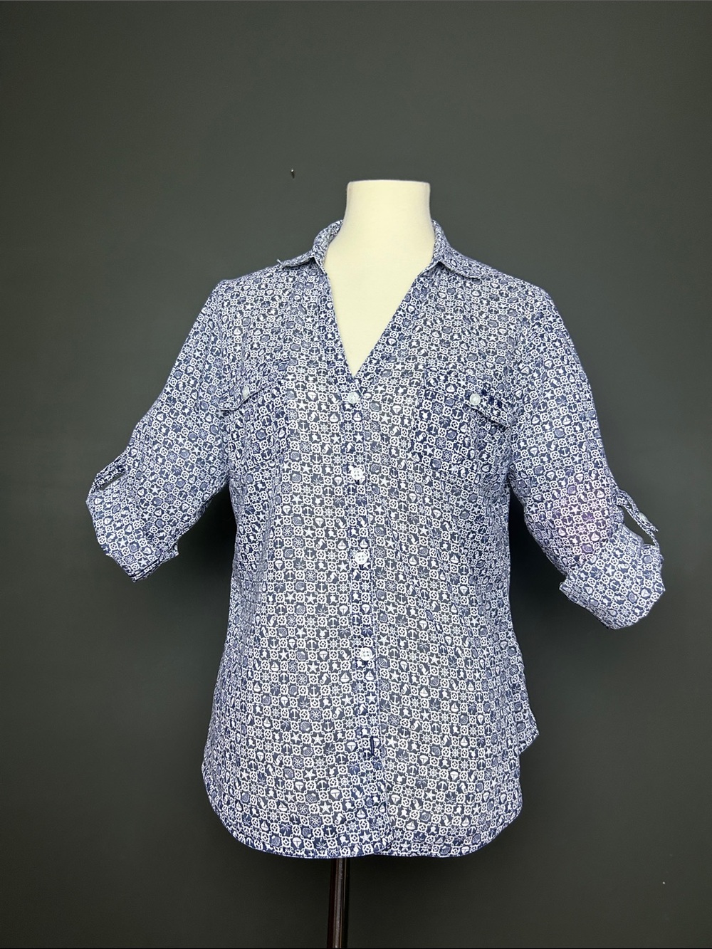 Columbia Blue and White Printed Button-Up Blouse